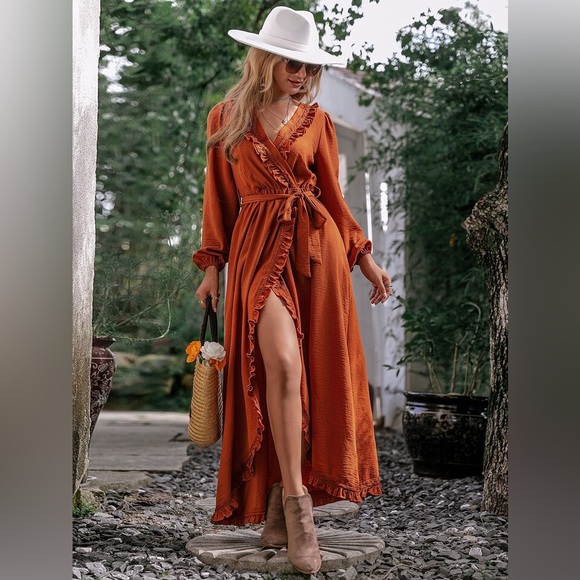 NEW SIMPLEE APPAREL Simplee Frill Trim Belted Wrap Hem Dress M - Picture 4 of 12